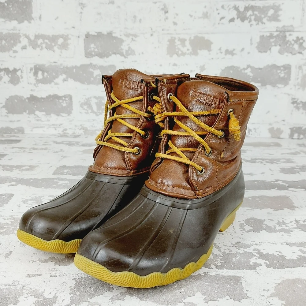 Sperry Saltwater Duck Rain Brown Leather Rubber Zip Waterproof Ankle Boots W230